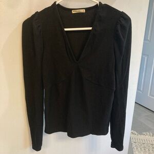 Marine Layer Lexi Ribbed V Neck Fitted Black Long Sleeve Women's Top Medium